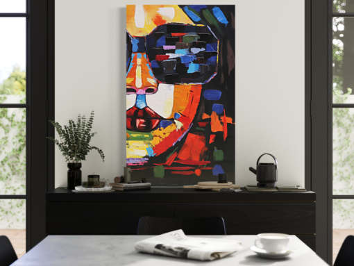 Een schilderij met een gezicht en een zonnebril