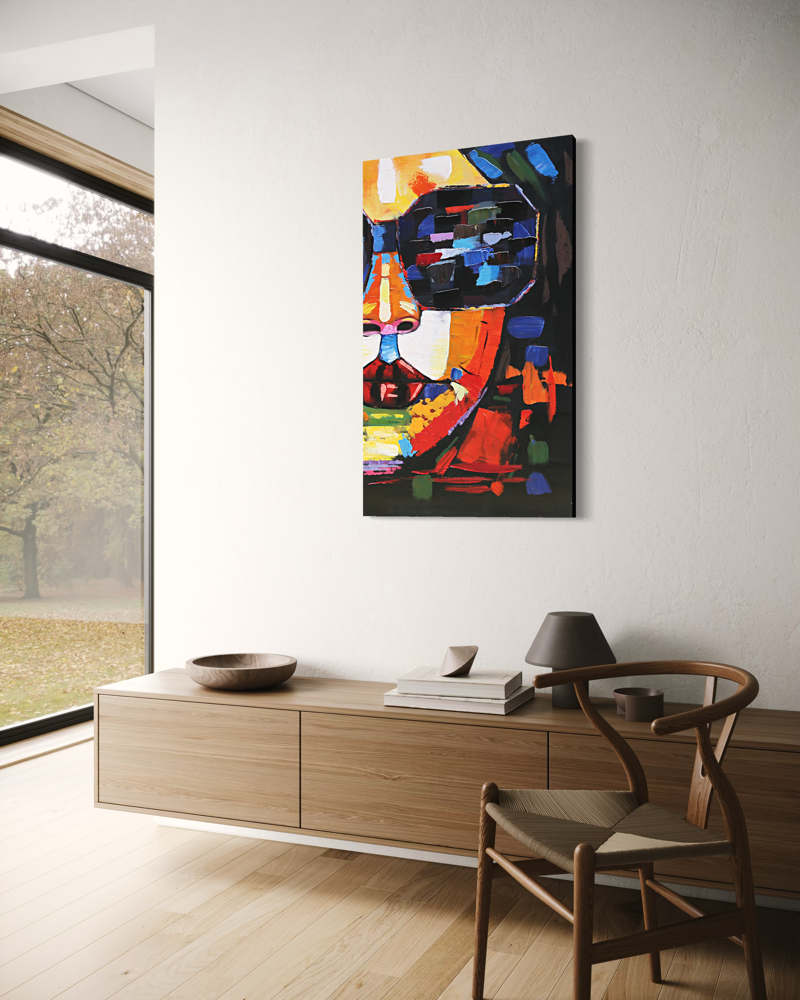 Een schilderij met een gezicht en een zonnebril