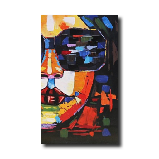 Een schilderij met een gezicht en een zonnebril