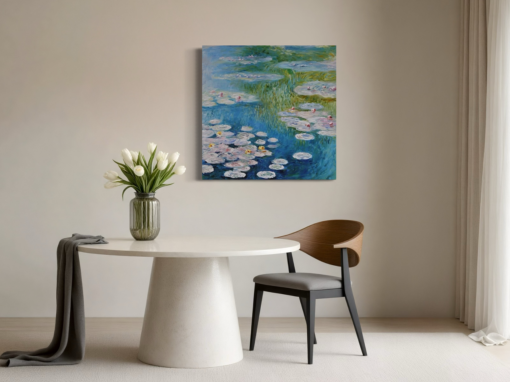 Een schilderij met waterlelies