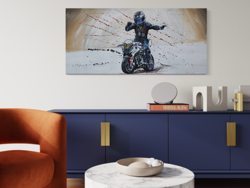 Een schilderij met een racemotor