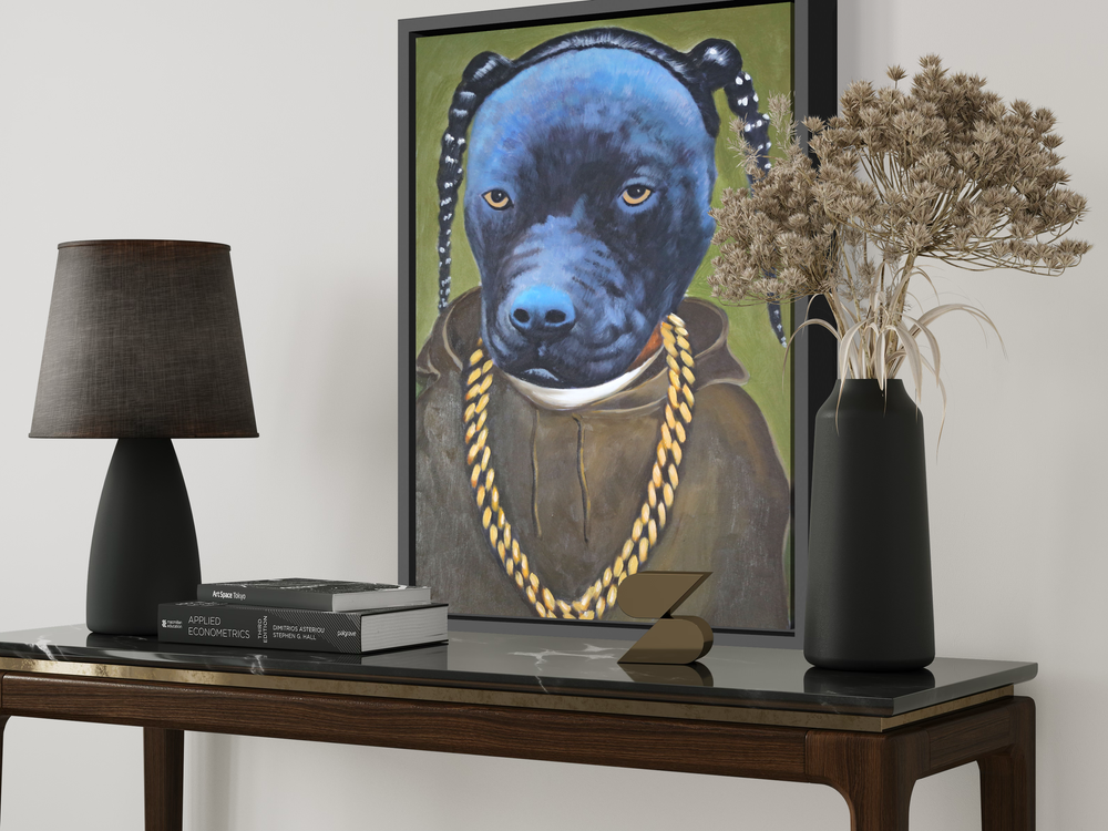 Een schilderij met een hond