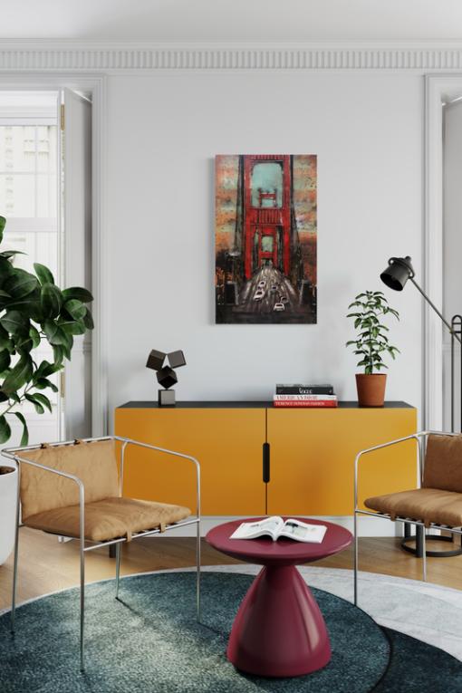 Een schilderij van de Golden Gate Bridge