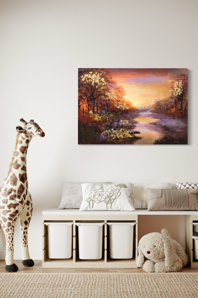 Een schilderij met een landschap