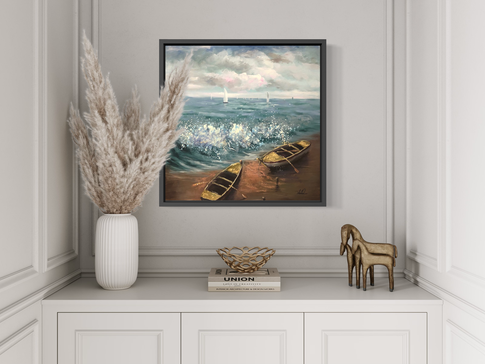 Een schilderij met boten
