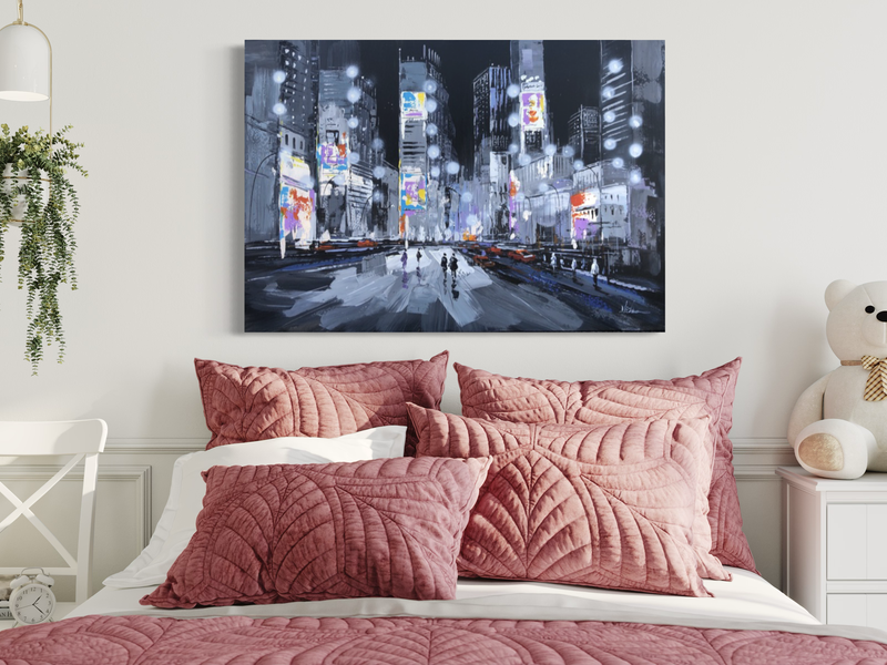 Een schilderij met stedelijke motieven