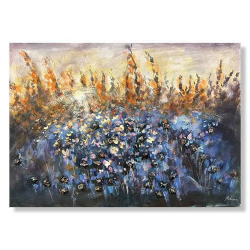 Een schilderij met een zonsopgang