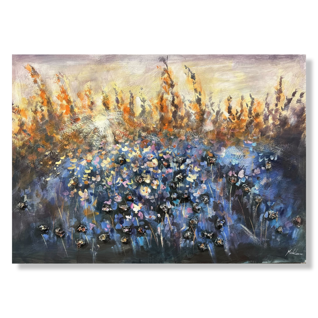 Een schilderij met een zonsopgang