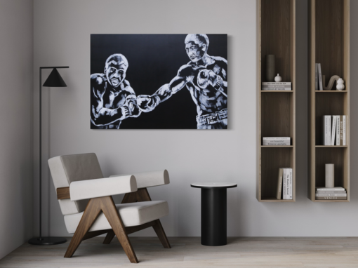 Een schilderij met boksen