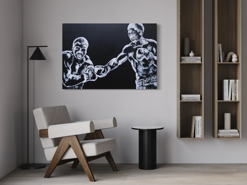 Een schilderij met boksen