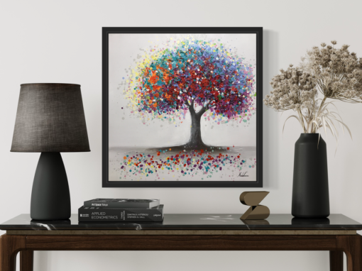 Een schilderij met een boom