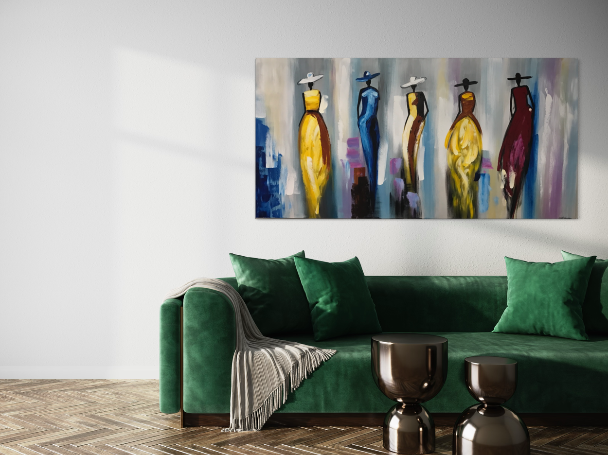 Een schilderij met vrouwen in kleurrijke jurken