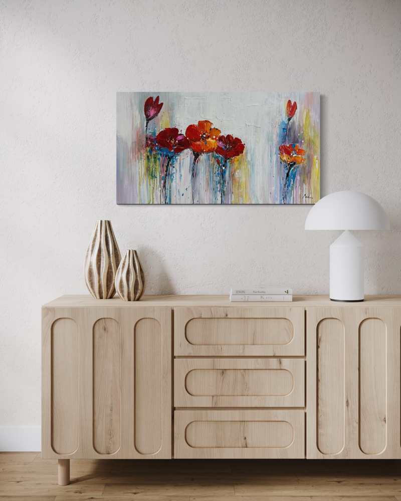 Een schilderij met bloemen