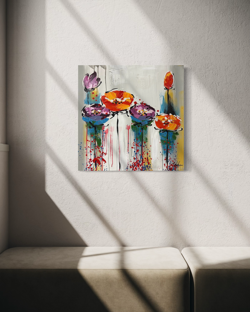 Een schilderij met bloemen