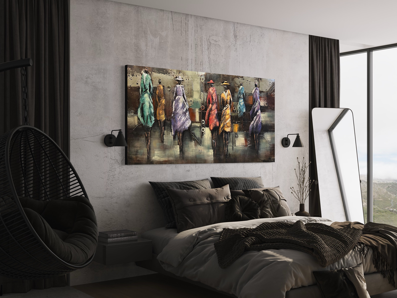 Een schilderij met een modeshow