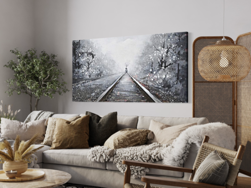 Een schilderij met een trein