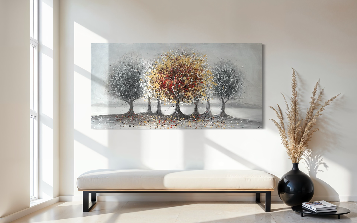 Een schilderij van een boom in aardse kleuren
