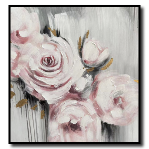 Een schilderij met roze rozen