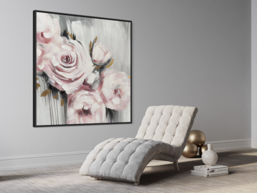 Een schilderij met roze rozen