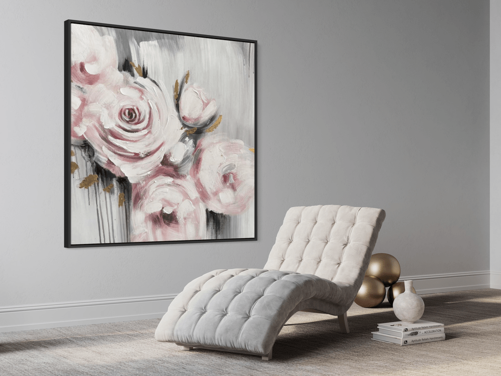 Een schilderij met roze rozen