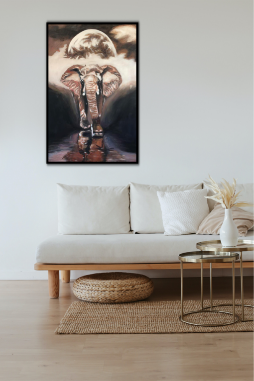 Een schilderij met een olifant