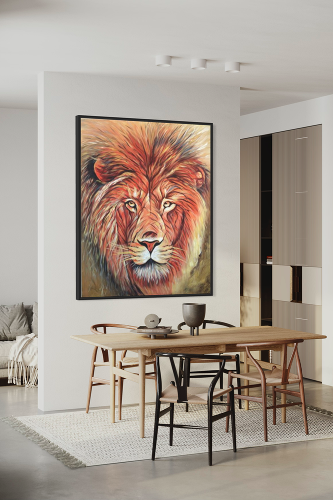 Een schilderij met een leeuw