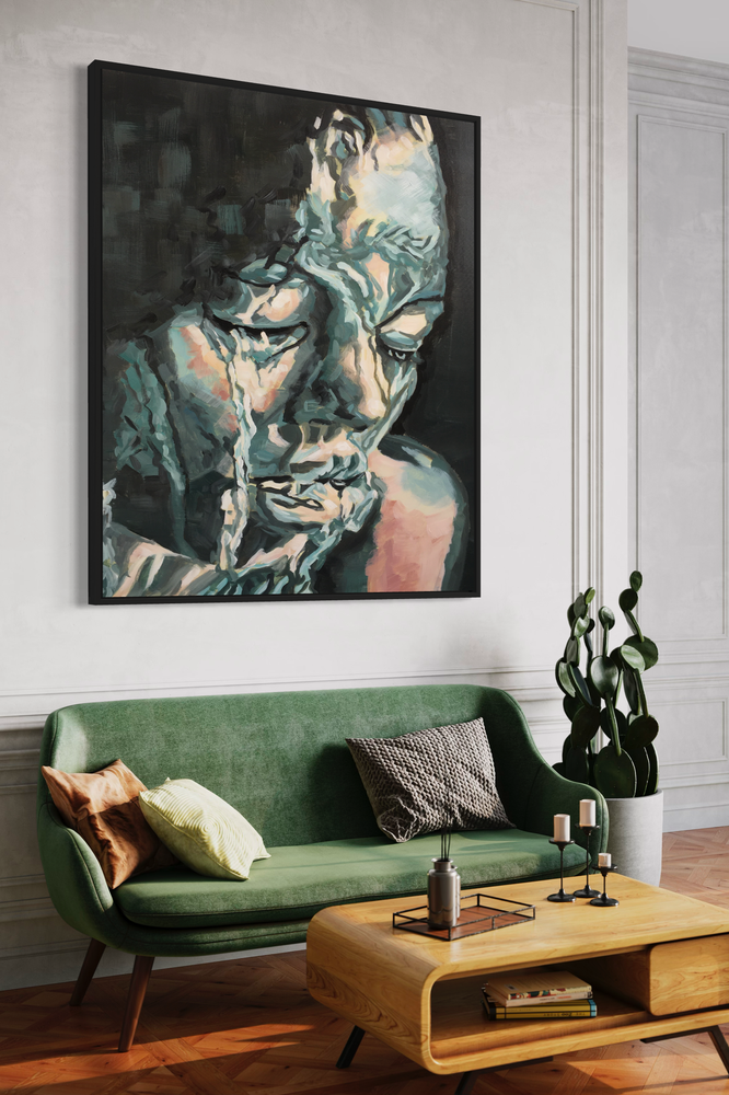 Een schilderij met een gezicht