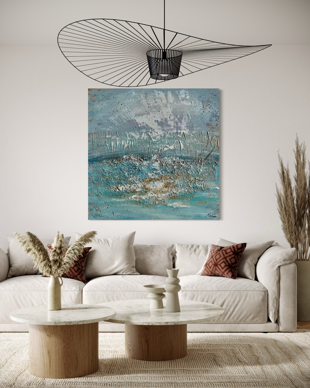 Een schilderij met een abstract motief