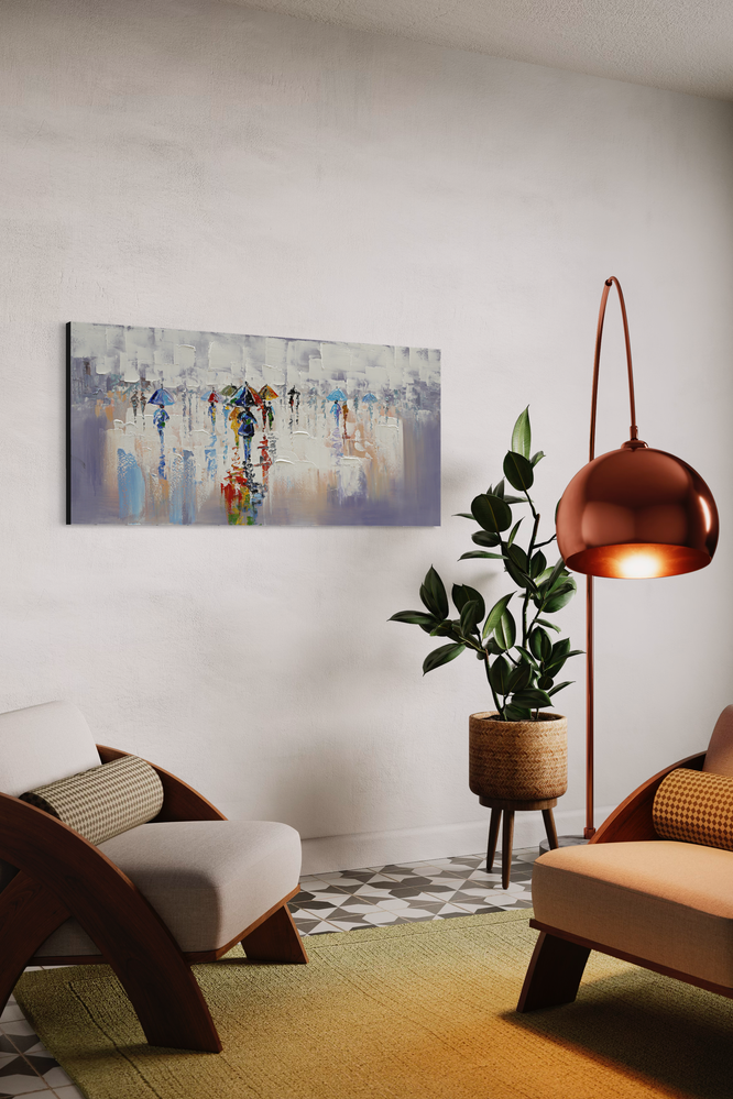 Een schilderij met paraplu's