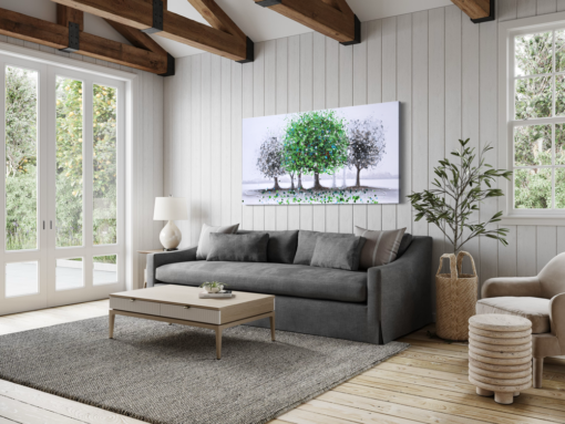 Een schilderij met een groene boom
