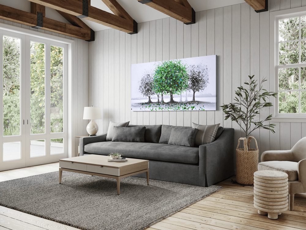 Een schilderij met een groene boom