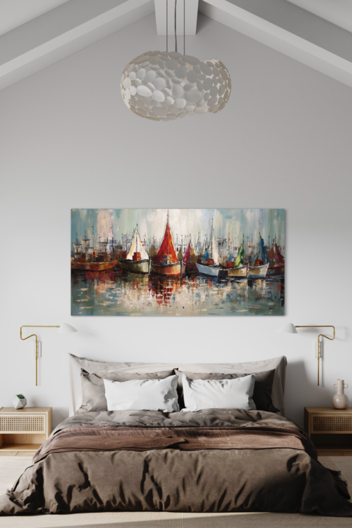 Een schilderij met zeilboten
