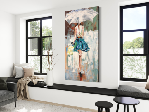 Een schilderij van een vrouw in een turquoise jurk