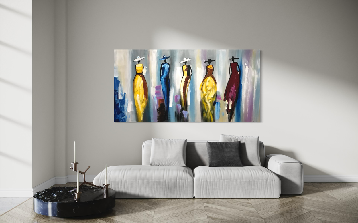 Een schilderij met vrouwen in kleurrijke jurken