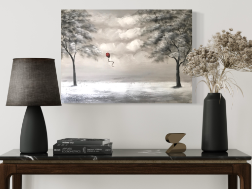 Een schilderij met een rode ballon