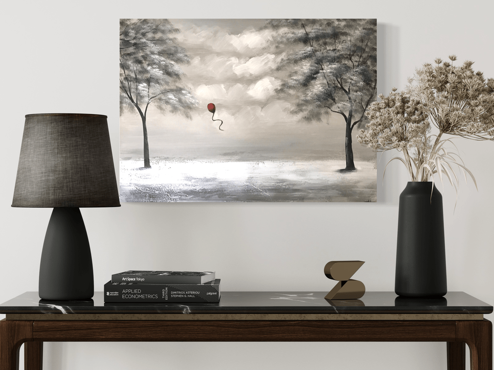 Een schilderij met een rode ballon