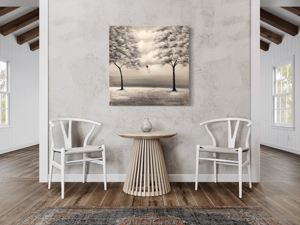 Een schilderij met een rode ballon