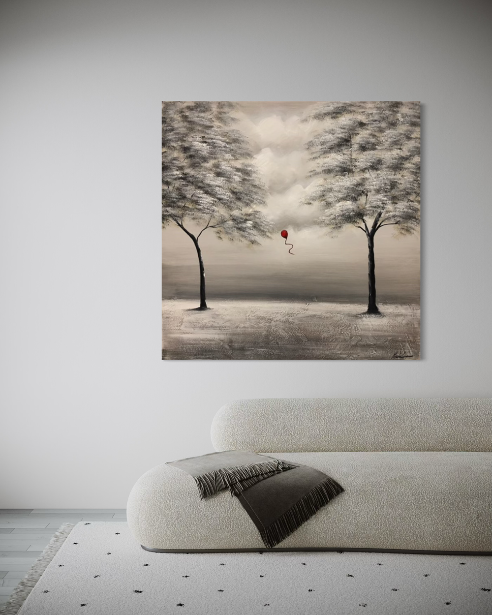 Een schilderij met een rode ballon
