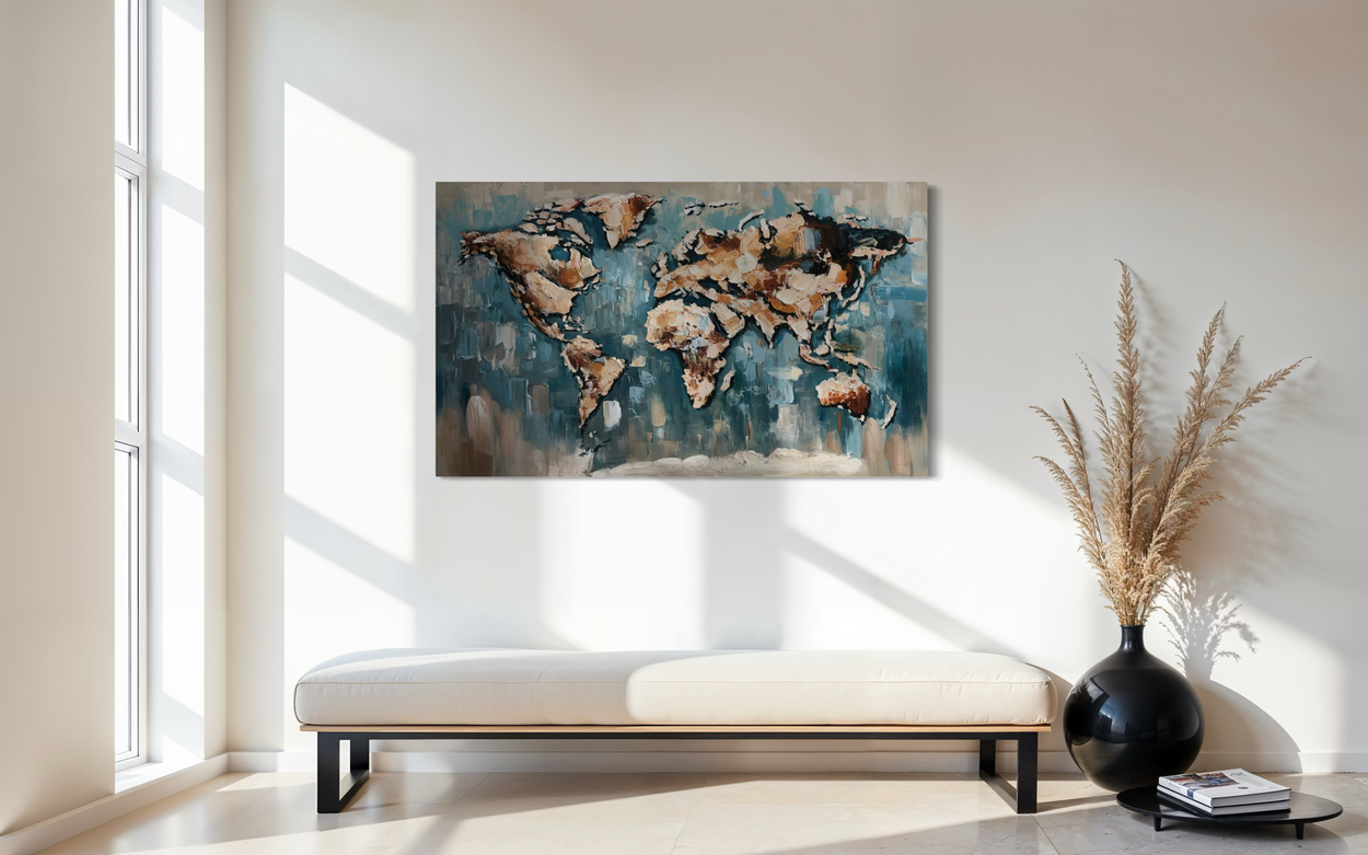 Een schilderij met een wereldkaart