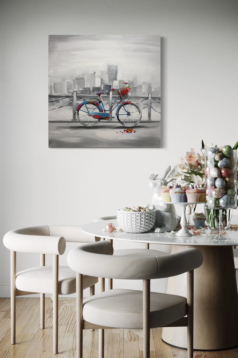 Een schilderij met een fiets