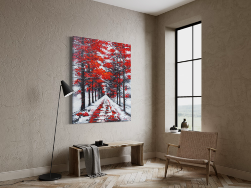 Een schilderij met rode bomen