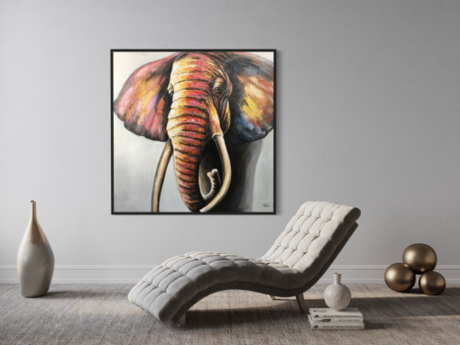 Een schilderij met een olifant