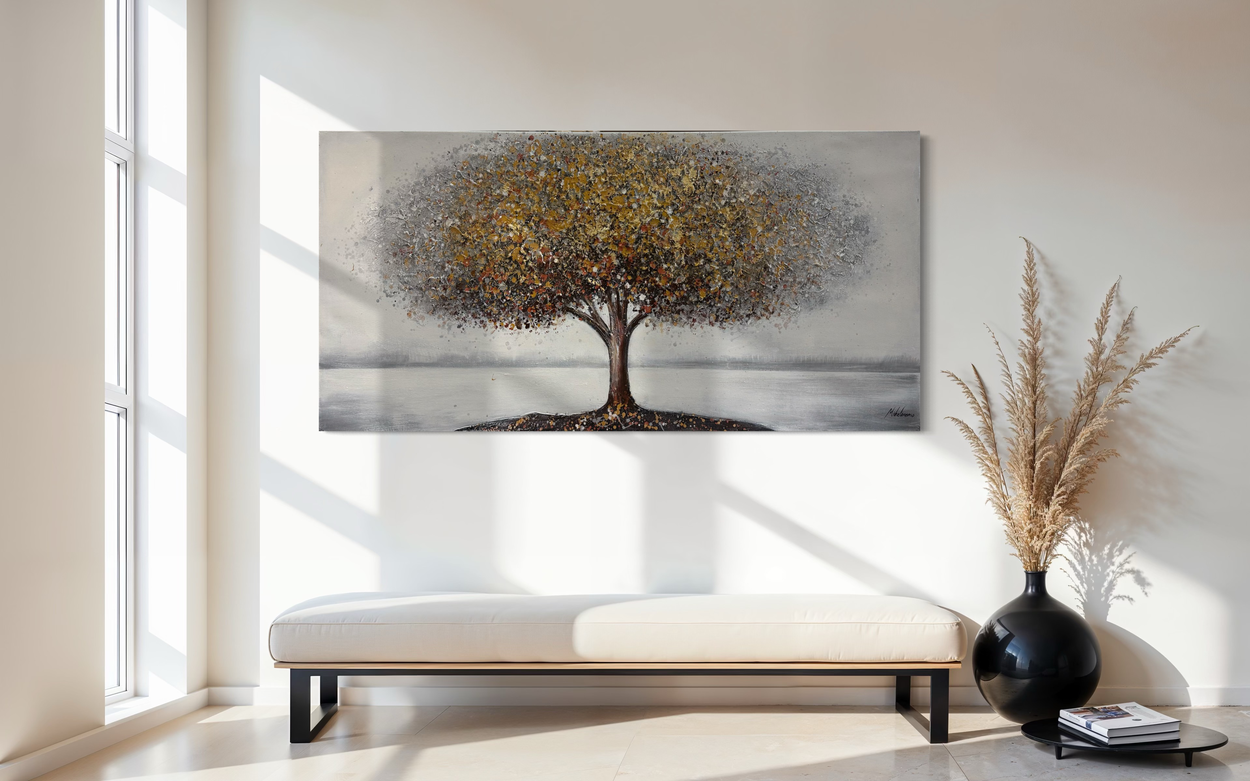 Een schilderij met een boom