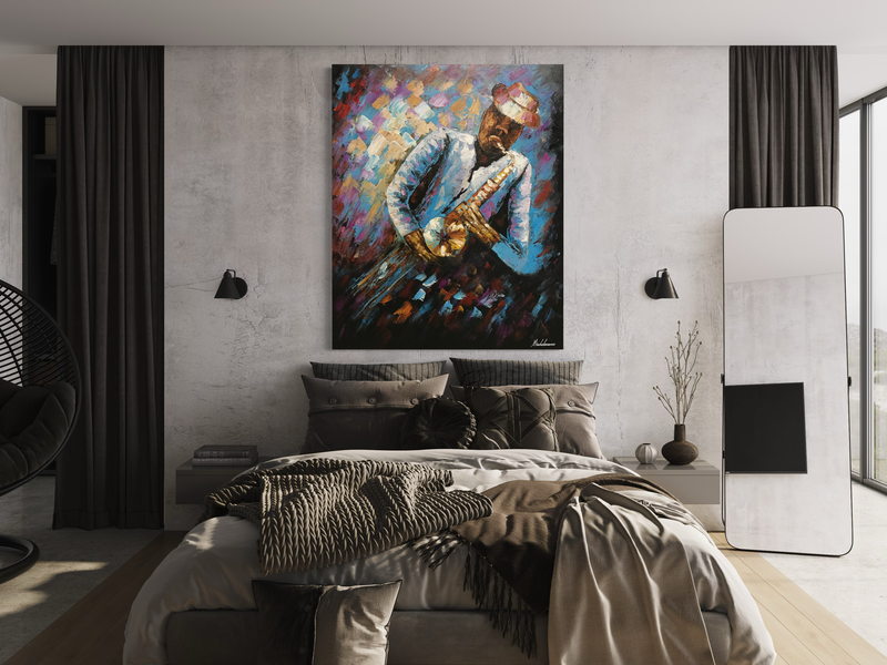 Een schilderij van een man met een saxofoon