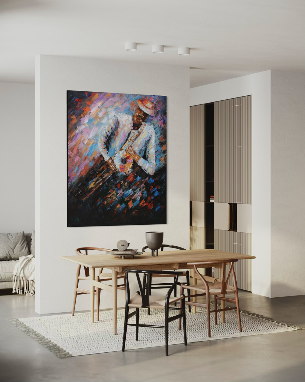 Een schilderij van een man met een saxofoon