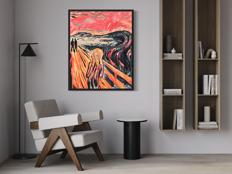 Een schilderij met een schreeuwende man