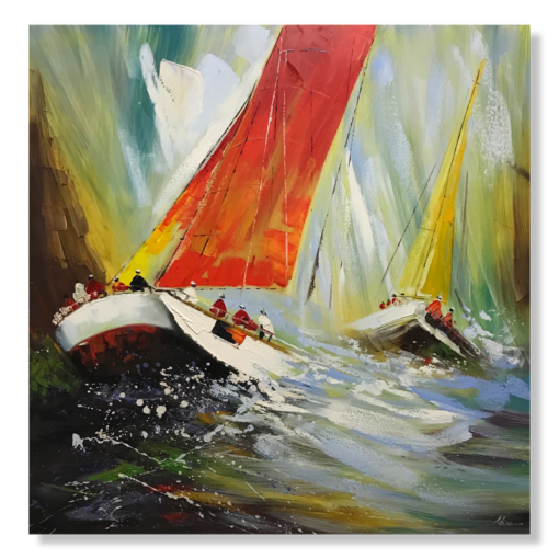 Een schilderij met zeilboten