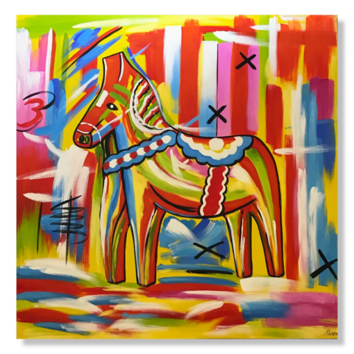 Een schilderij met een dala paard