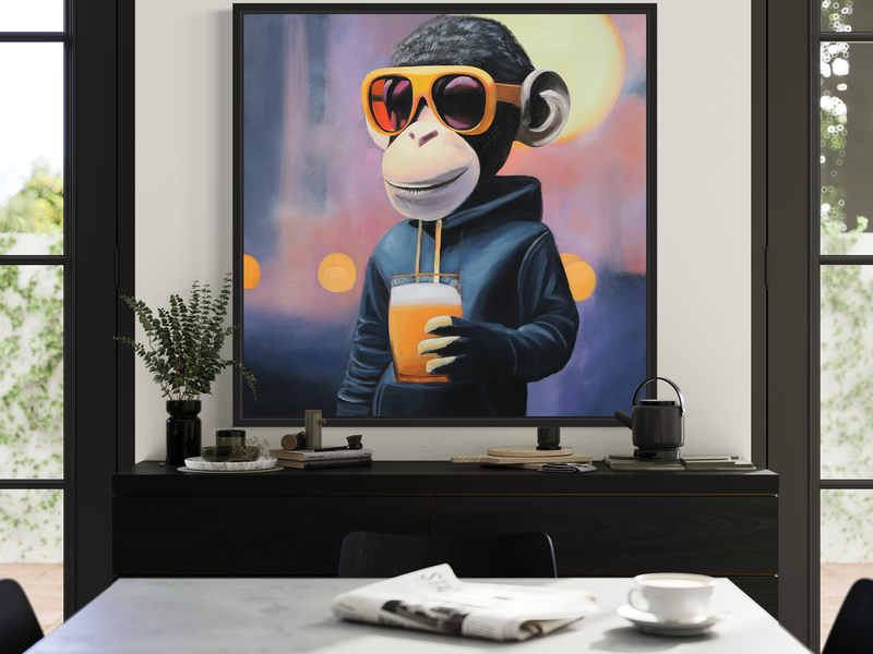 Een schilderij met een aap
