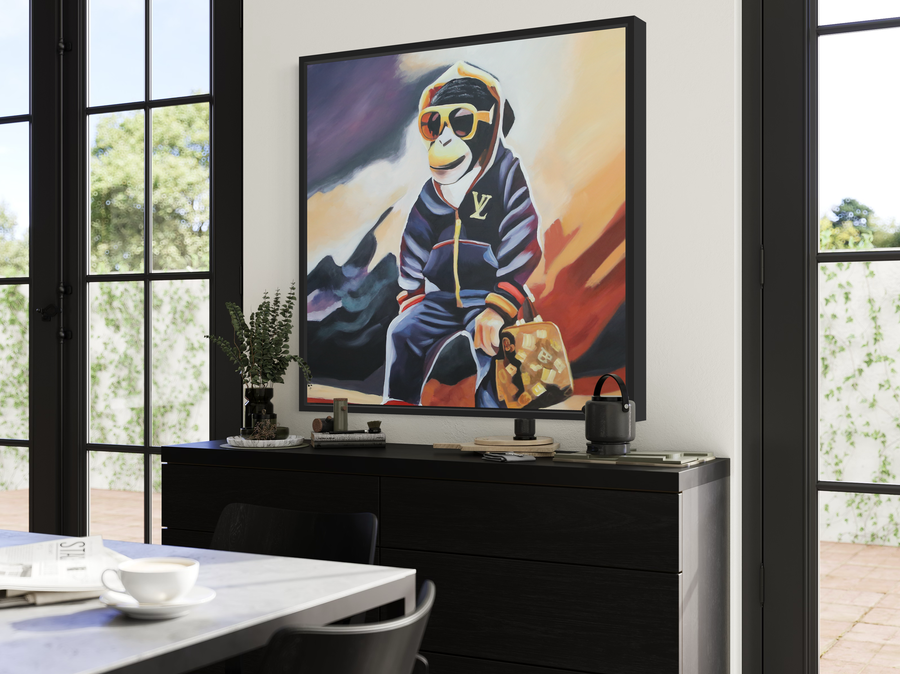 Een schilderij met een aap